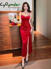 Cyflymder Women’s Red Sexy Halter Backless Dress Beaded Velvet Bottom Dress Side Slit Long Dresses red / S