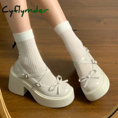 Cyflymder Women’s Shoes New Fashion Round Toe Women’s High Heels Autumn Bow Buckle Solid Color Dress Thick Sole Thick