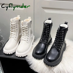 Cyflymder Women’s Short Plush Warm Ankle Boots Winter Waterproof PU Leather Snow Boots Women Non-Slip Lace Up Platform