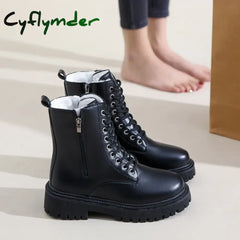 Cyflymder Women’s Short Plush Warm Ankle Boots Winter Waterproof PU Leather Snow Boots Women Non-Slip Lace Up Platform