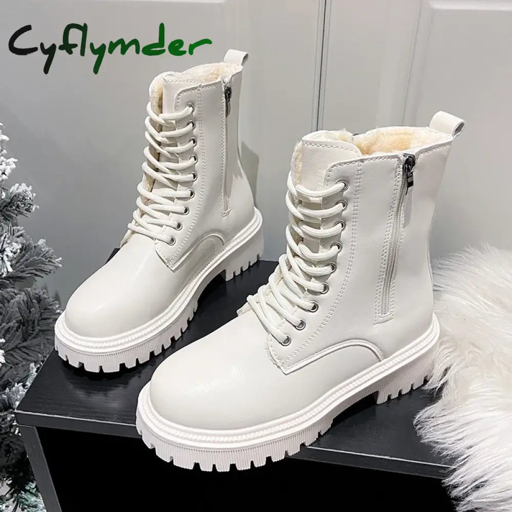 Cyflymder Women’s Short Plush Warm Ankle Boots Winter Waterproof PU Leather Snow Boots Women Non-Slip Lace Up Platform