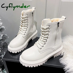 Cyflymder Women’s Short Plush Warm Ankle Boots Winter Waterproof PU Leather Snow Boots Women Non-Slip Lace Up Platform