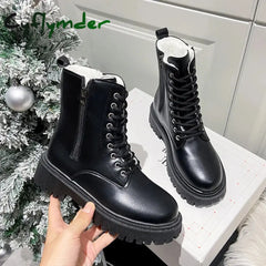 Cyflymder Women’s Short Plush Warm Ankle Boots Winter Waterproof PU Leather Snow Boots Women Non-Slip Lace Up Platform