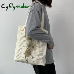Cyflymder Women’s Style Canvas Shopping Bag Retro Simple Shoulder Illustration Flowers Tote