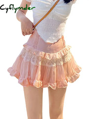 Cyflymder Women’s Summer Mini Skirts Cute High Waist Lace Patchwork Ruffle Hem A-Line Skirts