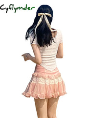 Cyflymder Women’s Summer Mini Skirts Cute High Waist Lace Patchwork Ruffle Hem A-Line Skirts