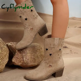 Cyflymder Women’s Summer Retro Round Toe Chunky Heels Vegan Suede Western Boots with Hollow Design and Rivets Cowboy