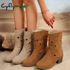 Cyflymder Women’s Summer Retro Round Toe Chunky Heels Vegan Suede Western Boots with Hollow Design and Rivets Cowboy