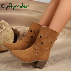 Cyflymder Women’s Summer Retro Round Toe Chunky Heels Vegan Suede Western Boots with Hollow Design and Rivets Cowboy