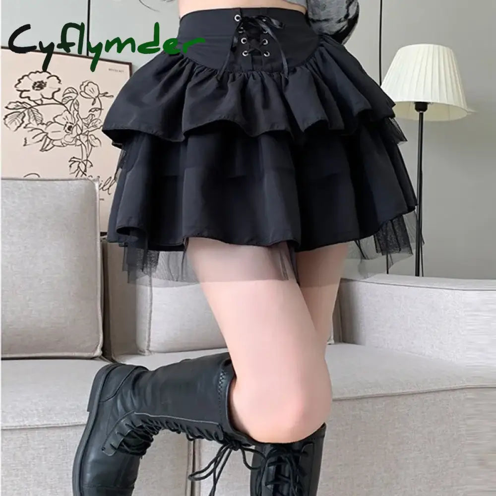 Cyflymder Women’s Summer Y2k Multi-Layered Mesh Cake Skirt High Waisted Mesh Lace Patchwork Lace Up JK Skirt Fluffy