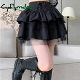 Cyflymder Women’s Summer Y2k Multi-Layered Mesh Cake Skirt High Waisted Mesh Lace Patchwork Lace Up JK Skirt Fluffy