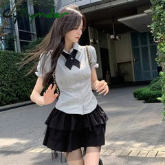 Cyflymder Women’s Summer Y2k Multi-Layered Mesh Cake Skirt High Waisted Mesh Lace Patchwork Lace Up JK Skirt Fluffy