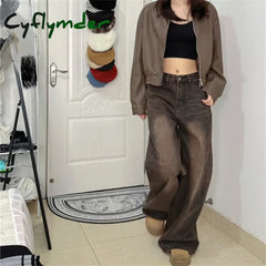 Cyflymder Women’s Vintage Brown High Waisted Jeans Street Style Girl Wide Leg Bottoms Loose Pants Female Fashion Denim