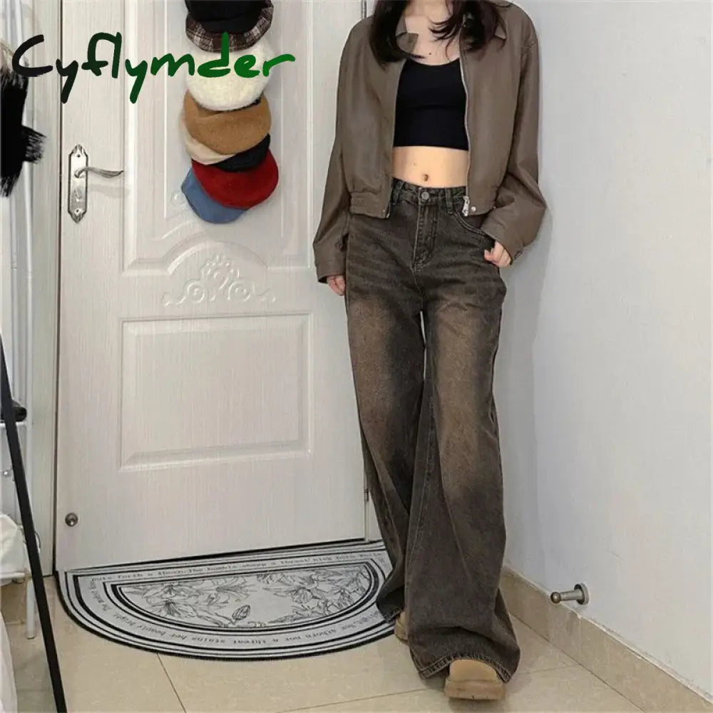 Cyflymder Women’s Vintage Brown High Waisted Jeans Street Style Girl Wide Leg Bottoms Loose Pants Female Fashion Denim