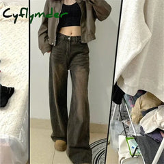 Cyflymder Women’s Vintage Brown High Waisted Jeans Street Style Girl Wide Leg Bottoms Loose Pants Female Fashion Denim