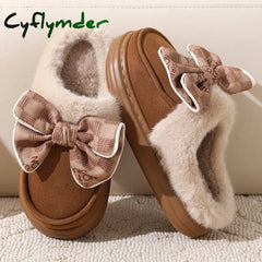 Cyflymder Women’s Warm Home Slippers Cute Autumn Winter Bow Thick Plush Non-Slip Leisure Shoes Soft Bedroom Platform