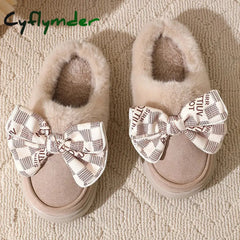Cyflymder Women’s Warm Home Slippers Cute Autumn Winter Bow Thick Plush Non-Slip Leisure Shoes Soft Bedroom Platform