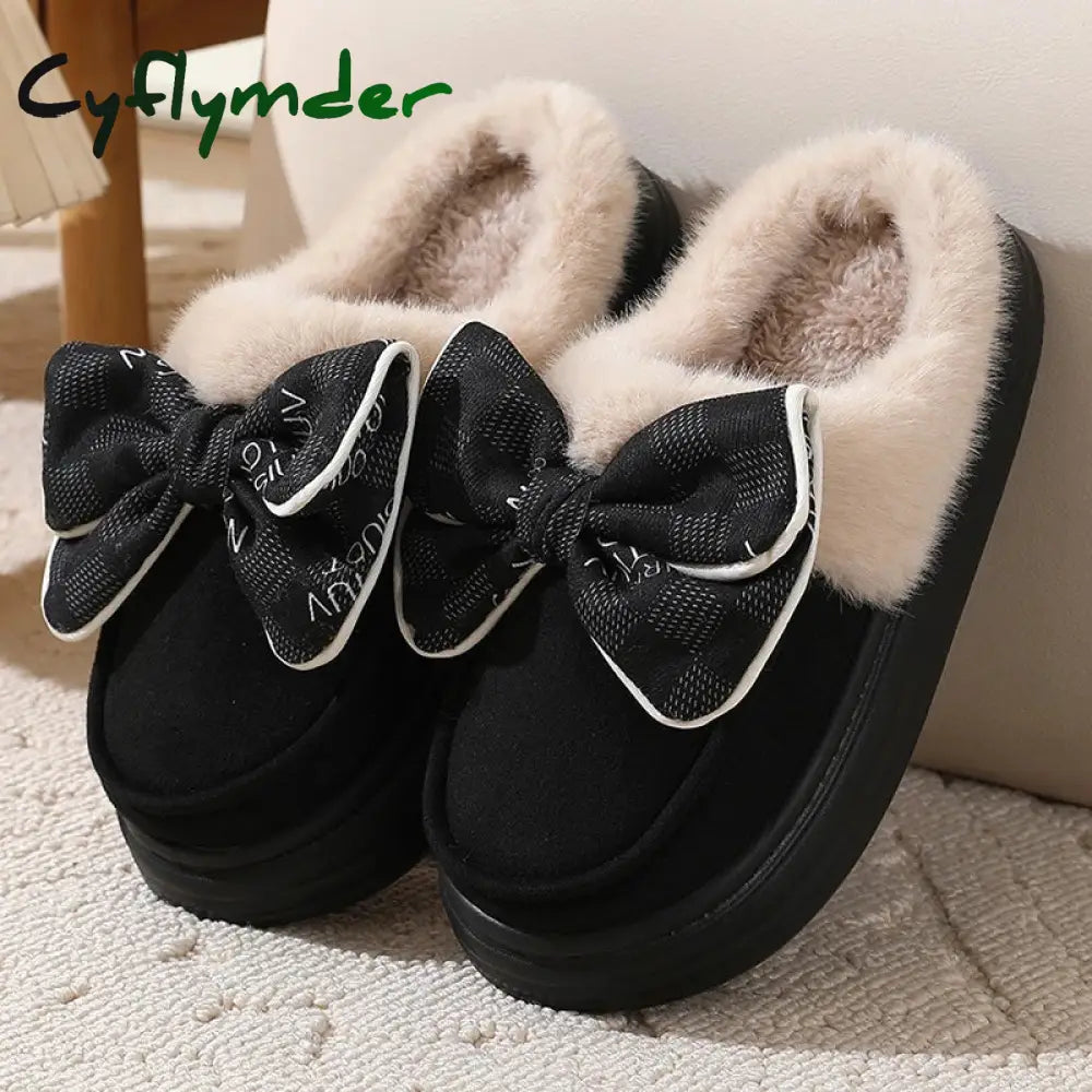 Cyflymder Women’s Warm Home Slippers Cute Autumn Winter Bow Thick Plush Non-Slip Leisure Shoes Soft Bedroom Platform