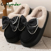 Cyflymder Women’s Warm Home Slippers Cute Autumn Winter Bow Thick Plush Non-Slip Leisure Shoes Soft Bedroom Platform