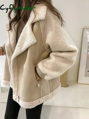 Cyflymder Women’s Winter Jacket Vintage Polo Neck Velvet Coat Women Clothes Thicken Grace Leisure Time Loose Korean