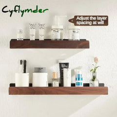 Cyflymder Wood Matt Black Bathroom Shelf Organizer Shower Storage Rack Solid Corner Shelves Wall Mounted Toilet Holder
