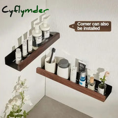 Cyflymder Wood Matt Black Bathroom Shelf Organizer Shower Storage Rack Solid Corner Shelves Wall Mounted Toilet Holder