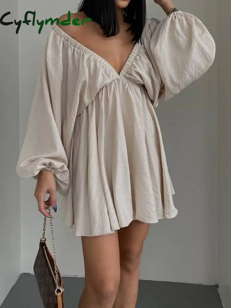 Cyflymder - Woven Plunge Skater Short Dress Apricot / Xs Dresses