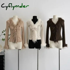 Cyflymder Y2k Aesthetic V-neck Jacket Women Korean Sexy Fashion Cardigan Harajuku Vintage Bandage Fur Patchwork Coat