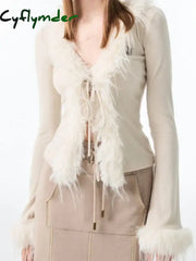 Cyflymder Y2k Aesthetic V-neck Jacket Women Korean Sexy Fashion Cardigan Harajuku Vintage Bandage Fur Patchwork Coat
