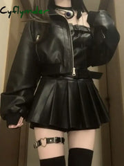 Cyflymder Y2K Black Dress Set Women Casual High Street PU Coat + Elegant Party Y2k Mini Dress Korean Fashion Leather