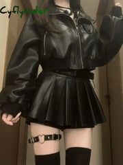 Cyflymder Y2K Black Dress Set Women Casual High Street PU Coat + Elegant Party Y2k Mini Dress Korean Fashion Leather