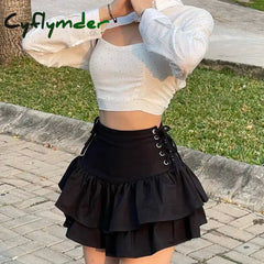 Cyflymder Y2K Black Skirt Women Streetwear Gothic Harajuku Ruffle High Waist Bandage A-line Mini Skirt Goth Punk Grunge