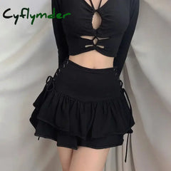 Cyflymder Y2K Black Skirt Women Streetwear Gothic Harajuku Ruffle High Waist Bandage A-line Mini Skirt Goth Punk Grunge