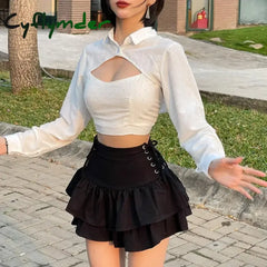 Cyflymder Y2K Black Skirt Women Streetwear Gothic Harajuku Ruffle High Waist Bandage A-line Mini Skirt Goth Punk Grunge