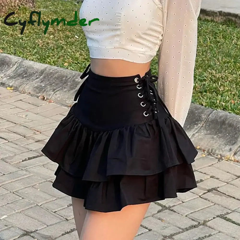 Cyflymder Y2K Black Skirt Women Streetwear Gothic Harajuku Ruffle High Waist Bandage A-line Mini Skirt Goth Punk Grunge