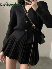 Cyflymder Y2K Casual Knitted 2 Piece Set Single Breasted V-neck Top High Waist Mini Pleated Skirt Korean Fashion Solid