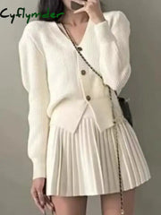 Cyflymder Y2K Casual Knitted 2 Piece Set Single Breasted V-neck Top High Waist Mini Pleated Skirt Korean Fashion Solid
