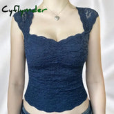 Y2K Fairycore Blue Floral Lace Milkmaid Tank Tops 90s Vintage Square Collar Slim Fit Vest Chic Women Retro Cute Crop Top Clothes