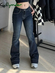 Cyflymder Y2K High Street Low Rise Jeans Blue Women Pants Bootcut Pockets Jeans Streetwear Low Waist Jeans Wide Leg