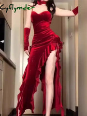 Cyflymder Y2K Irregular Ruffles Velvet Red Dresses for Women Spaghetti Strap Evening Party Dress Autumn Female Bodycon
