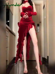 Cyflymder Y2K Irregular Ruffles Velvet Red Dresses for Women Spaghetti Strap Evening Party Dress Autumn Female Bodycon