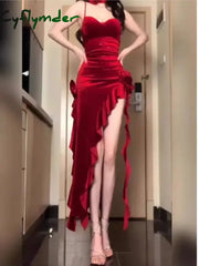 Cyflymder Y2K Irregular Ruffles Velvet Red Dresses for Women Spaghetti Strap Evening Party Dress Autumn Female Bodycon