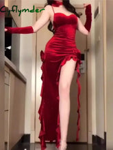 Cyflymder Y2K Irregular Ruffles Velvet Red Dresses for Women Spaghetti Strap Evening Party Dress Autumn Female Bodycon