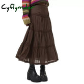 Cyflymder Y2K Lace Stitching Pleated Skirt Women Brown Vintage Low Waist Long Skirts Korean