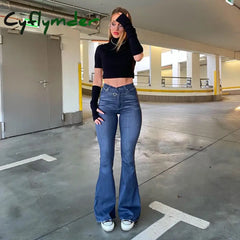 Cyflymder Y2K Ladies High Waist Flared Pants Women Quality Denim Trousers Streetwear Stretch Femme