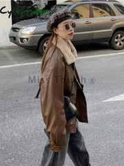 Cyflymder Y2k Lapel Long Sleeved Short Leather Jacket Women Vintage Slim Brown Cropped Coat 2024 New Fashion Lady