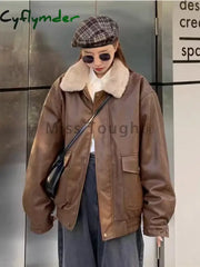 Cyflymder Y2k Lapel Long Sleeved Short Leather Jacket Women Vintage Slim Brown Cropped Coat 2024 New Fashion Lady