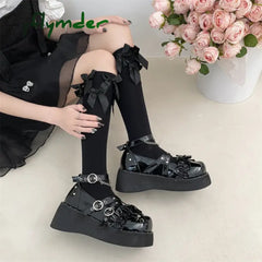 Cyflymder Y2K Metal Chains Punk Gothic Shoes Women Black Patent Leather Buckle Strap Wedges Pumps Woman Thick Platform
