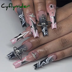 Cyflymder y2k Nails Five-pointed Star Pattern False Nails Halloween Style Long Coffin Ballet Press on Nails For Girl