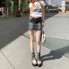 Cyflymder y2k outfit ideas American Retro Classic Washed Denim Skirt Summer Fashion Women’s Low Waisted Loose A-line